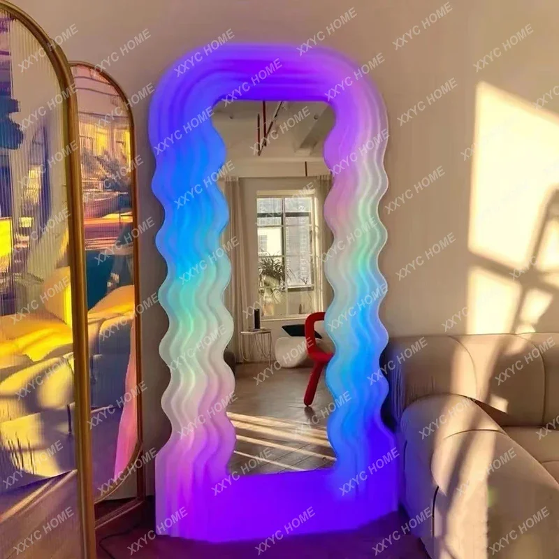 

Led Light Nordic Mirror Decorative Frame Standing Aesthetic Decor Large Full Body Mirror Irregular Wavy Maiden Espejo Home Decor