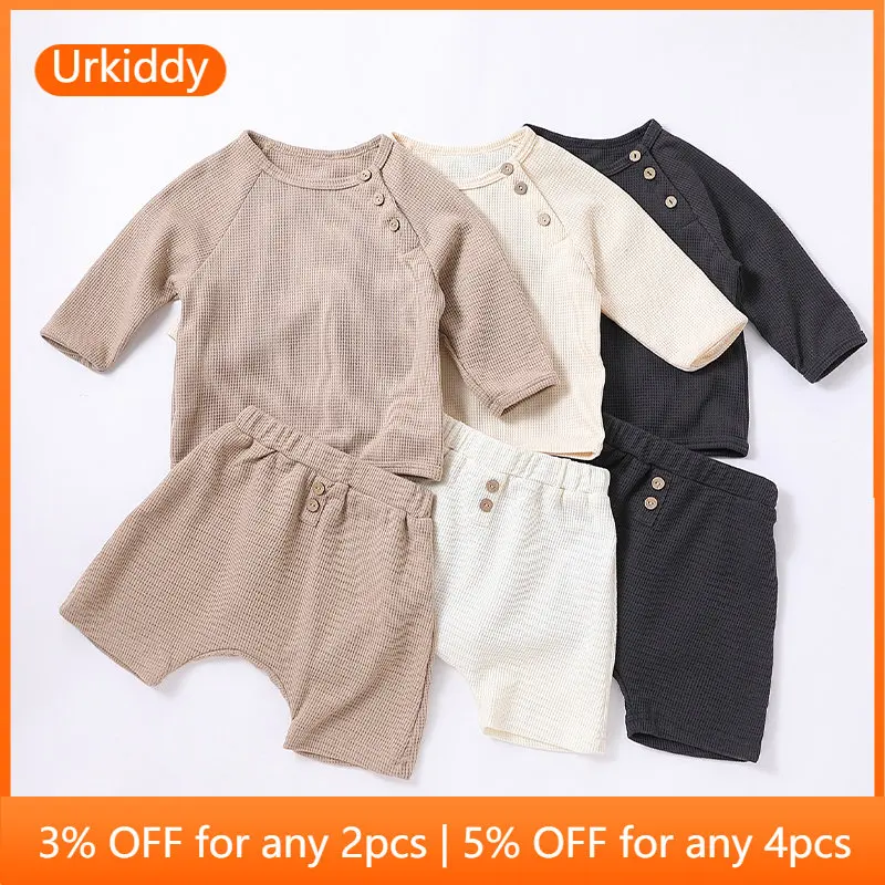 

Waffle Kids Cotton Clothes Set Spring Solid Color Children Suits Sweatshirt and Short Pants 2pcs Outfits