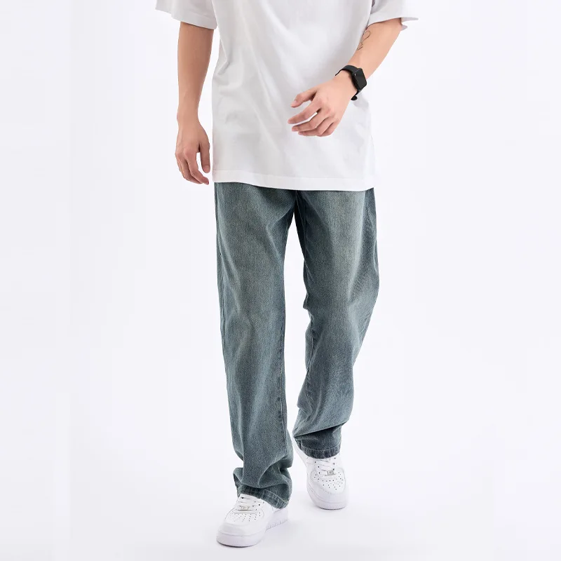 Four Seasons Men's American High Street VIBE Design Sense Embroidered Tide Brand Loose Straight Casual Denim Trousers for Men