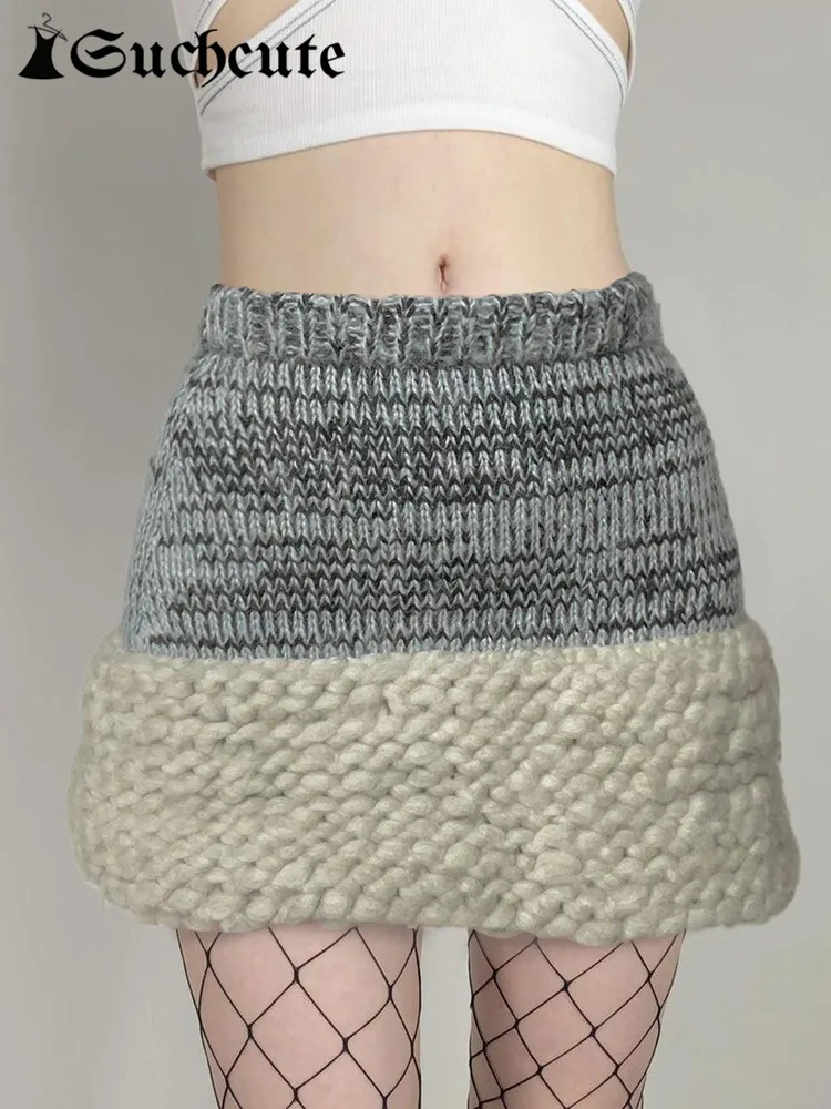

SUCHCUTE y2k Fur Hem Sweater Skirt Vintage Streetwear Low Waist Gray Mini Skirts Women Japanese Kwaii Sweethot Winter Clothes
