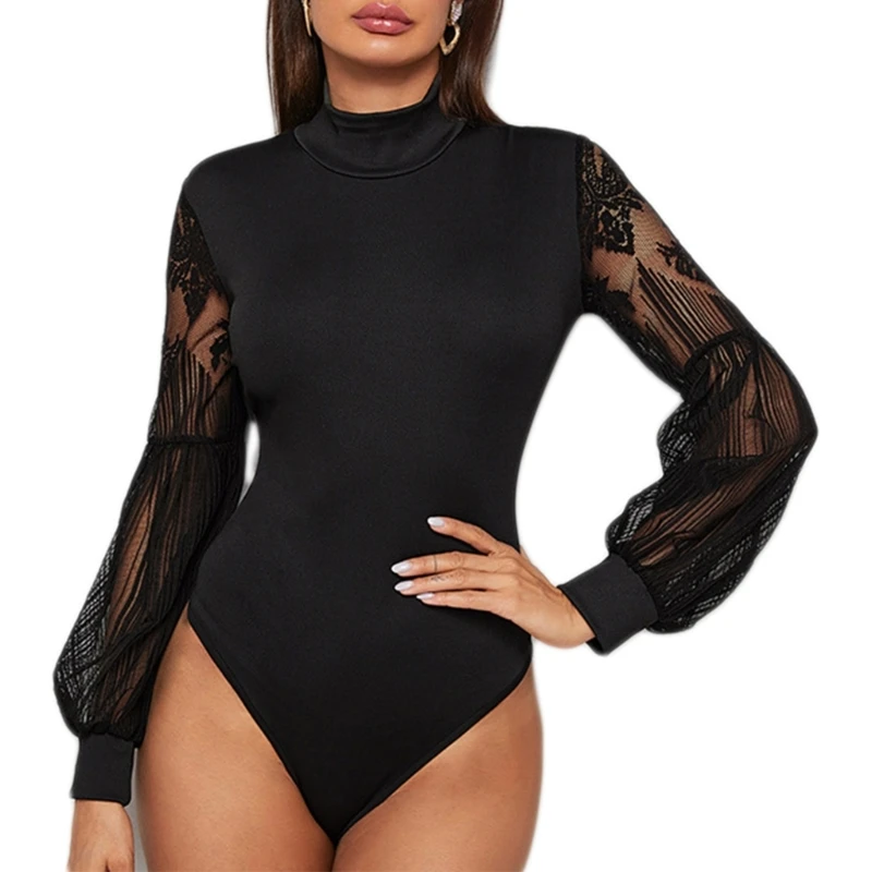 

New style Women Long Sleeves Bodysuit Female Lace Patchwork Rompers Ladies Slim-Fit Bodycon Jumpsuit Turtleneck Bodysuit