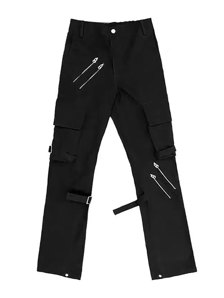 

Street vibe straps cargo pants multi-pocket straight overalls men women cool flared pants European American punk casual trousers
