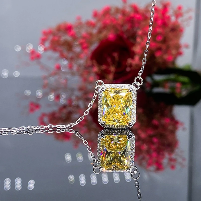

Classic Rectangle Cut Yellow / Pink Zircon CZ Stone Pendant Necklace For Women Silver Color Clavicle Chain Wedding Jewelry Gift