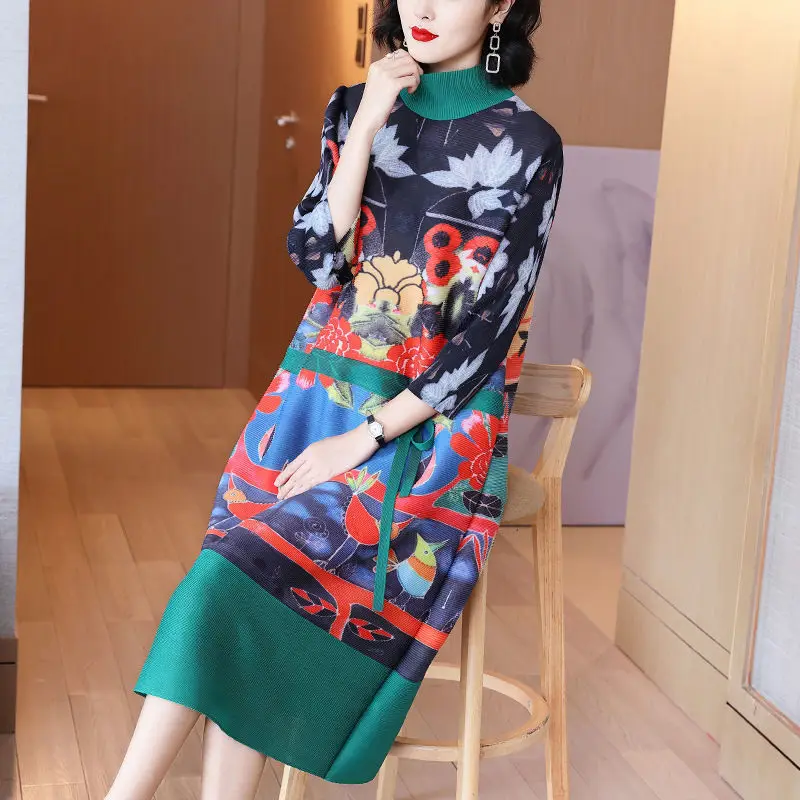 

Half-high collar loose belly pleated dress 2021 fashion vintage print lace