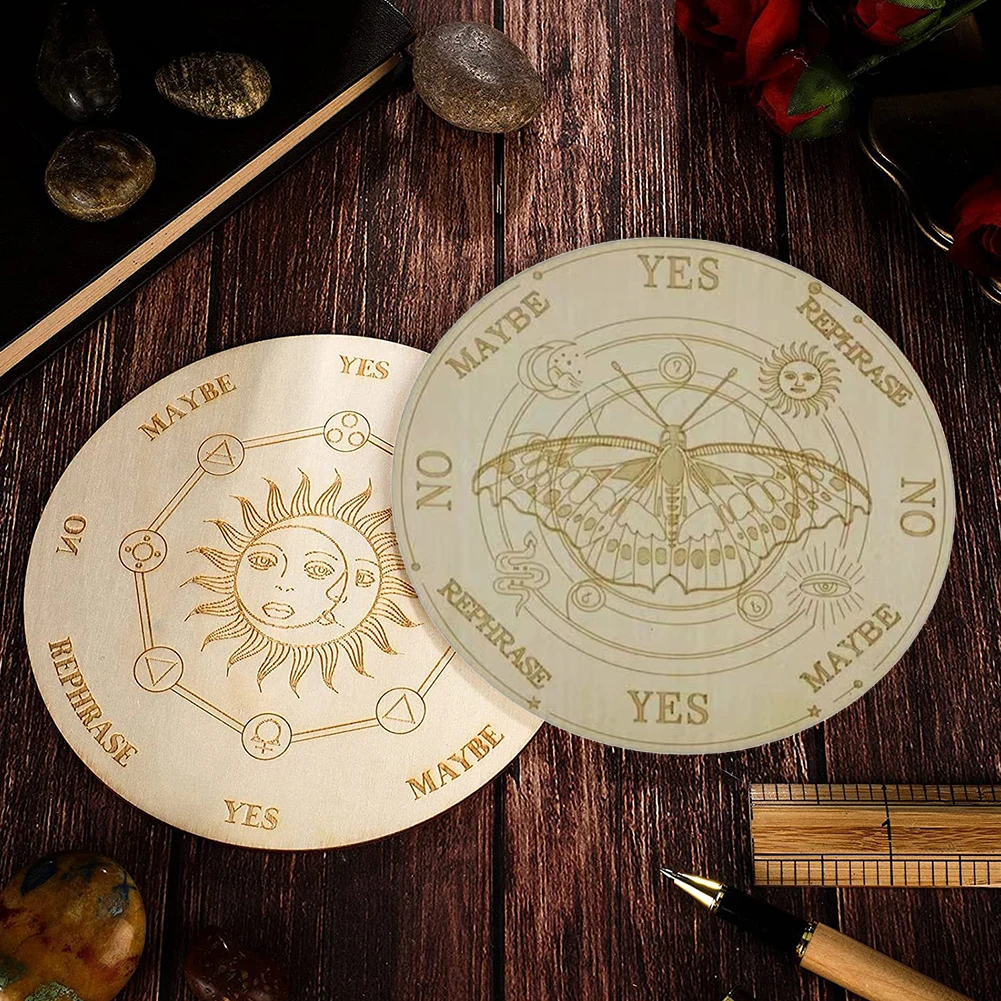 

Wooden Divination Pendulum Board with Stars Moon Carved Coasters Astrology Game Playing Plate for Fortune Telling