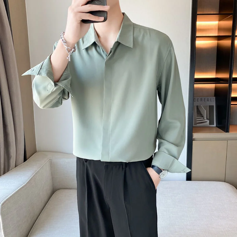 4 Colors Formal Shirts Men Slim Fashion Social Mens Dress Shirts British Style Long Sleeve Shirts Mens Ice Silk Shirts M-2XL