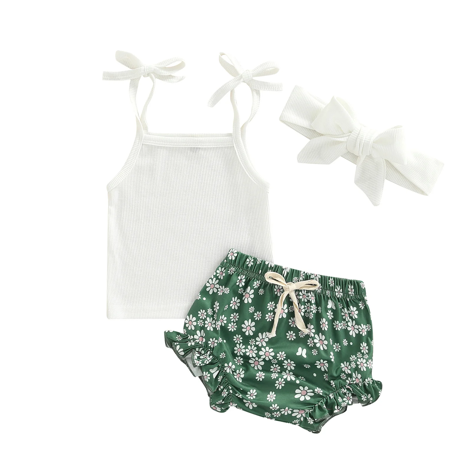 

Summer Infant Baby Girls Clothing Three-piece Layette White Ribbed Tie-up Camisole Green Floral Print Shorts and Headdress