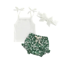 summer infant baby girls clothing three piece layette white ribbed tie up camisole green floral print shorts and headdress