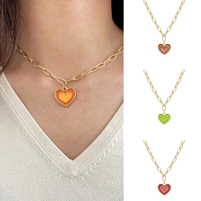 

Colorful Heart Pendant Necklaces for Women Double Layer Heart Necklace Gold Color Chain Choker for Girl Jewelry Gifts