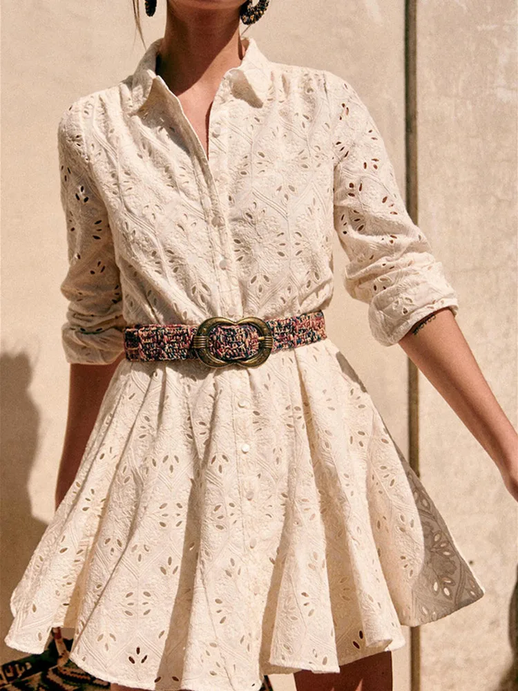 

Women's Mini Robe Hollow Out Sashes Long Sleeve Turn-Down Collar Dress