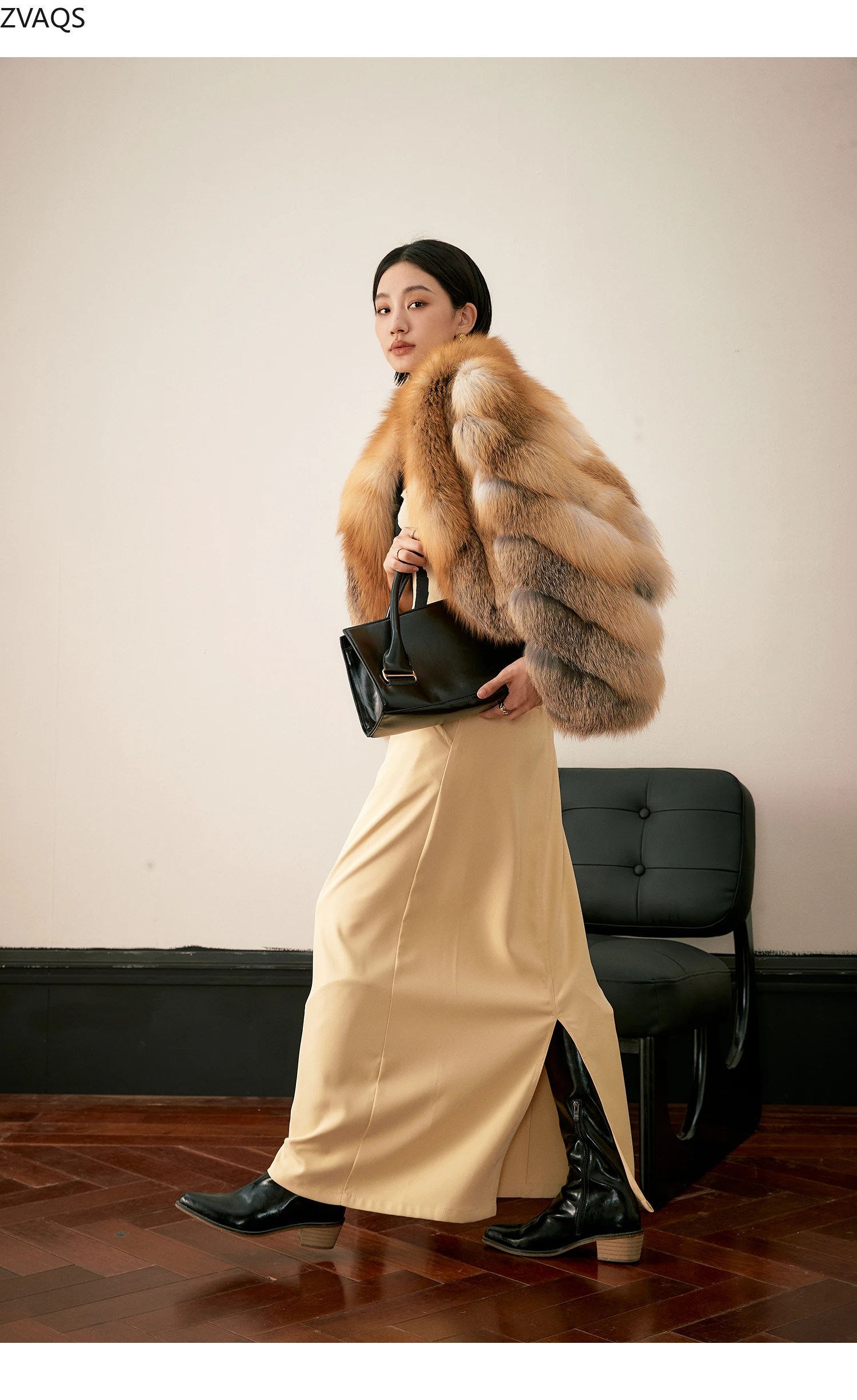 ZVAQS Пальто из натурального золотой лисы Женская модная короткая меховая куртка
