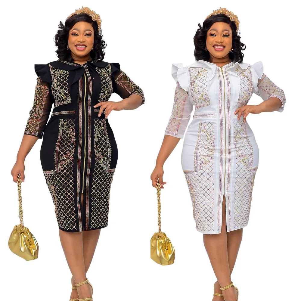 

African Dresses for Women Summer African Women Half Sleeve O-neck Black White Polyster Knee-length Dress African Clothes Women
