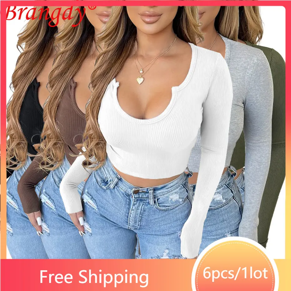

6 шт., оптовая продажа, рубашки с длинным рукавом, женский осенне-зимний пуловер, женская верхняя одежда, модные однотонные Топы B10816
