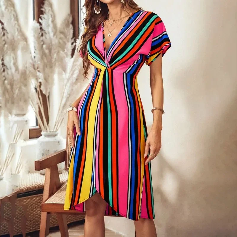 Летнее женское сексуальное платье с v-образным вырезом и завязками красочная
