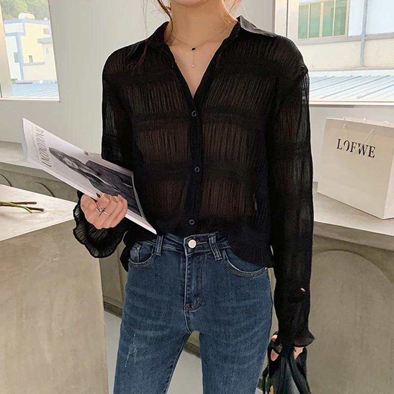 

Femme Turn-down Collar Solid Vintage Elegant OL Women Chiffon Shirts 2021 Fashion Spring Casual Long Sleeve Blusas Female Tops