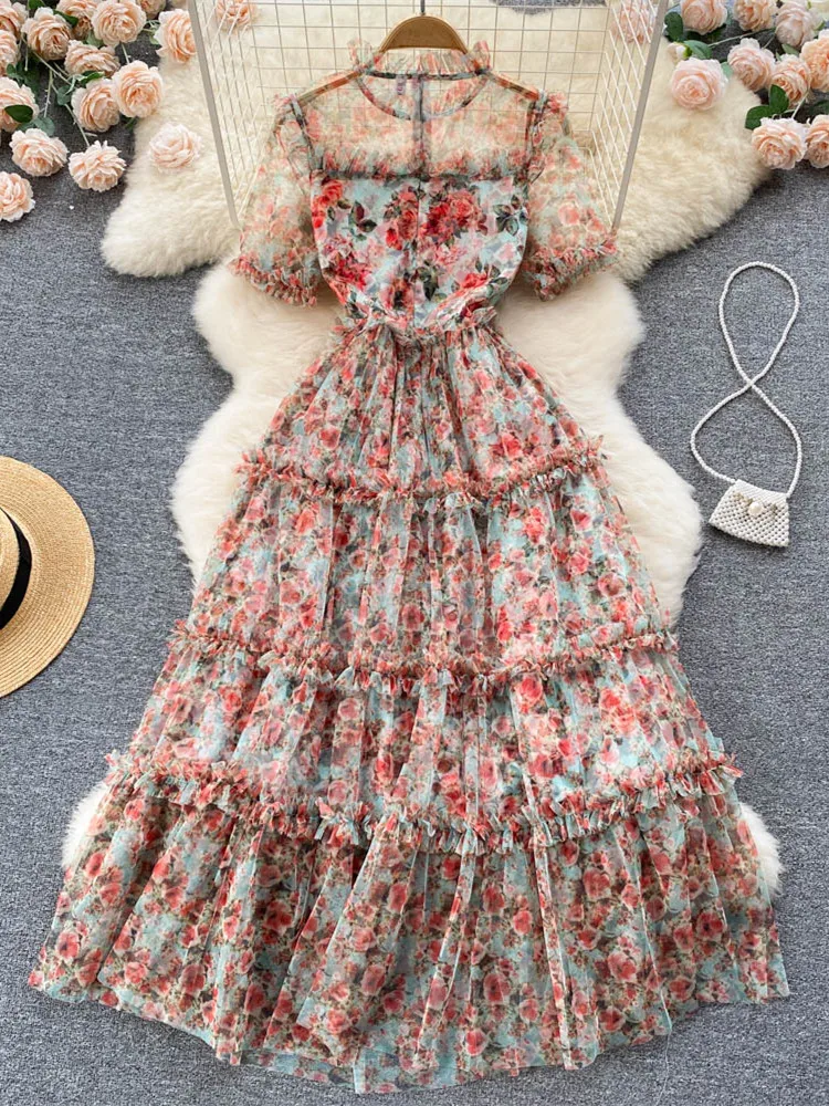 

Designer Summer Boho Beach Dresses For Women's Elegant Short Sleeve Floral Printing Ruffles Tulle Mesh Cake Casual Dress Robe