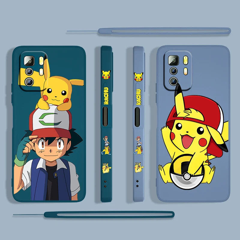 

Cartoon Pikachu Cute For Xiaomi Redmi Note 11 11S 10 10S 9 9S 9T 8 8T 7 5 Pro 5G Liquid Left Rope Silicone Phone Case Capa Cover