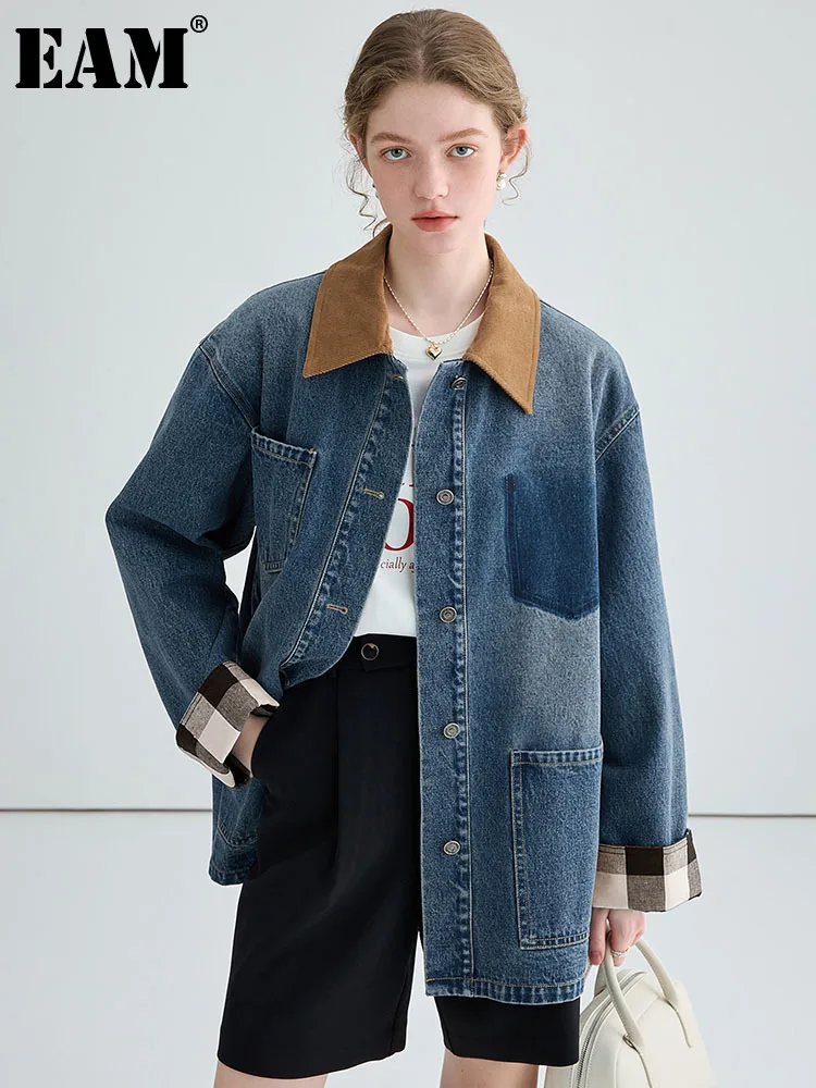 

[EAM] Women Blue Denim Pocket Color-block Big Size Jacket New Lapel Long Sleeve Coat Fashion Tide Spring Autumn 2023 1DF9482