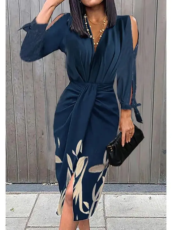 

Spring Autumn Women's Slit Dress Fashion Long Sleeves V Neck Printed New Dresses Ladies Elegant High Street Party Vestidos