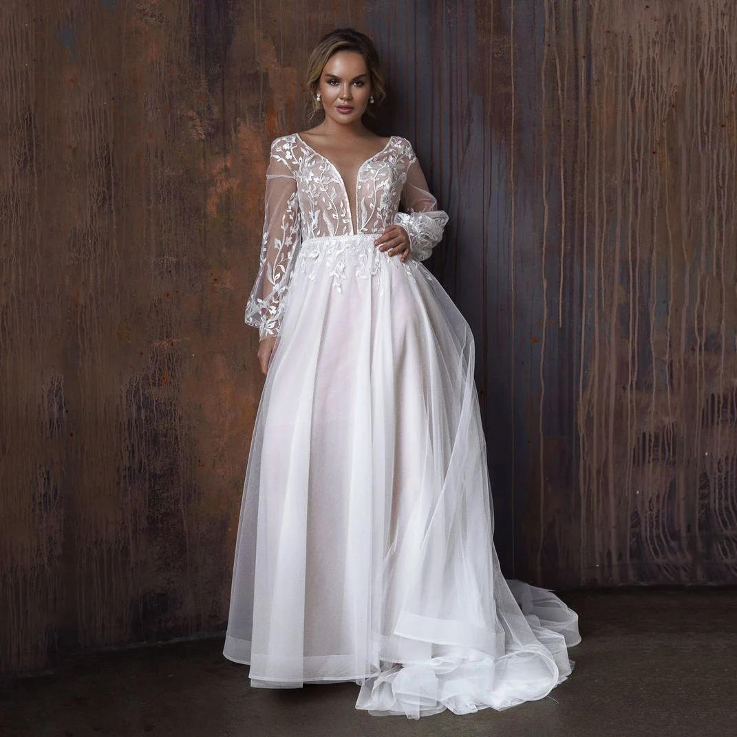 

Dot Long Sleeves Beach Wedding Dresses Simple V-Neck Chiffon Wedding Gown Elegant For Women Custom Made Civil Robe De Mariee