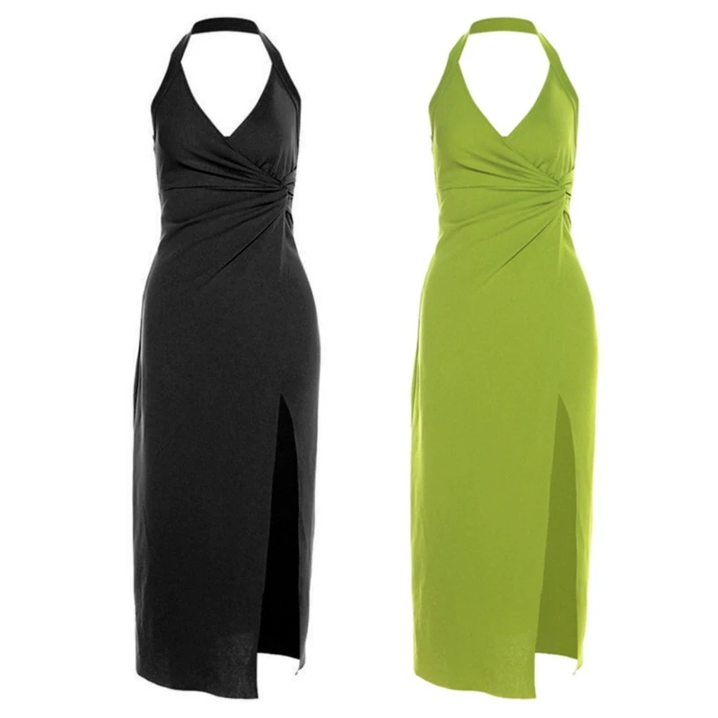 

F42F Sweet Girls Sleeveless Long Dress Loose High Split Woman Travel Halter Dress