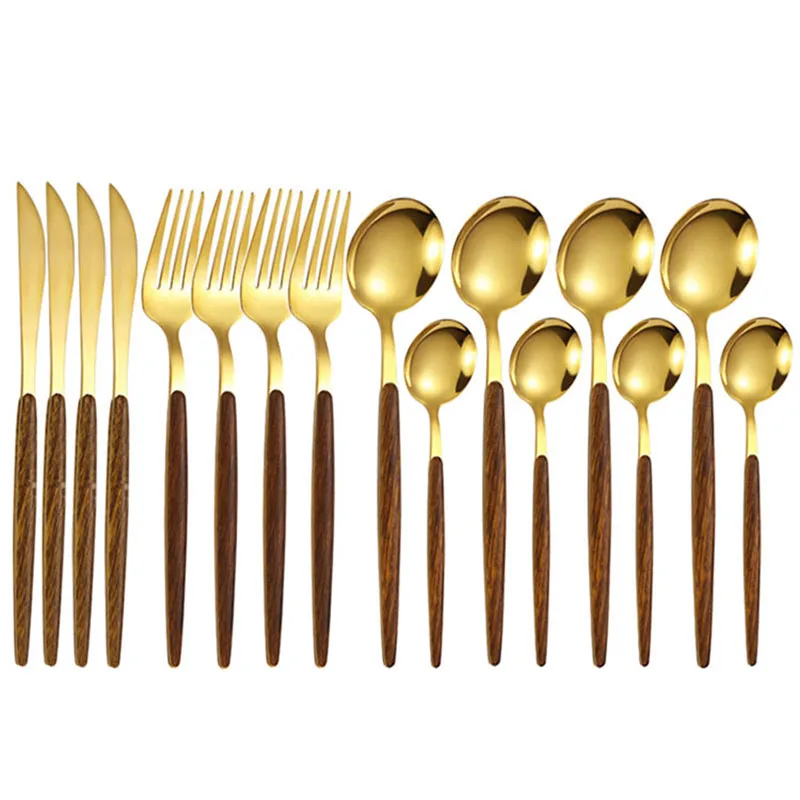 

16pcs Golden Tableware Set Imitation Wooden Handle Cutlery Stainless Steel Flatware Fork Knife Spoon Dinnerware Silverware