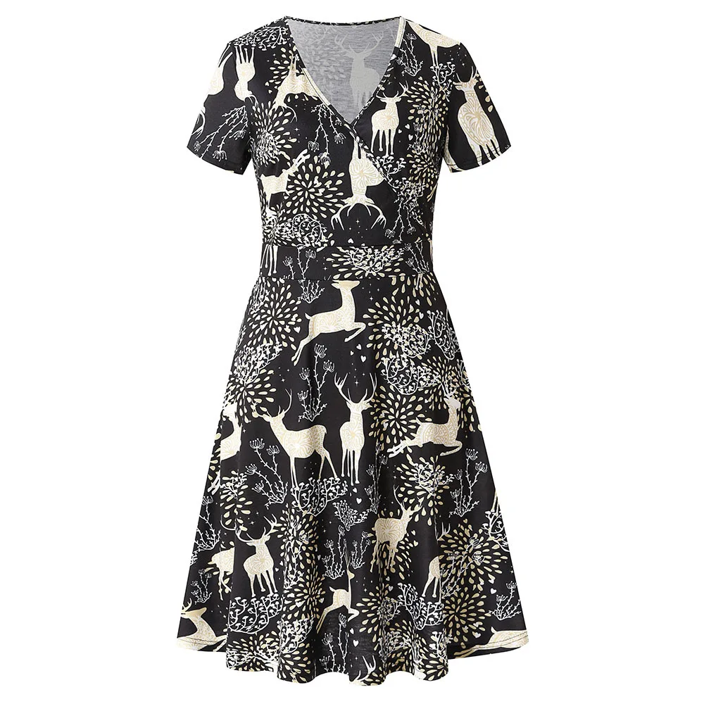 

Women Vintage Casual V Neck A line Summer Elegant Golden Deer Printed Short Sleeve Tunic Party Swing Dress