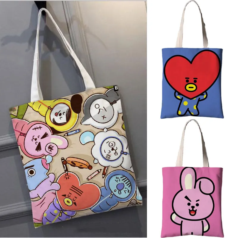 Bt21 Anime Canvas Bag Girls Large Capacity Class Book Backpack Korea K-Pop Bt21 Star Cartoon Shoulder Handbag Shopping Bag Gift
