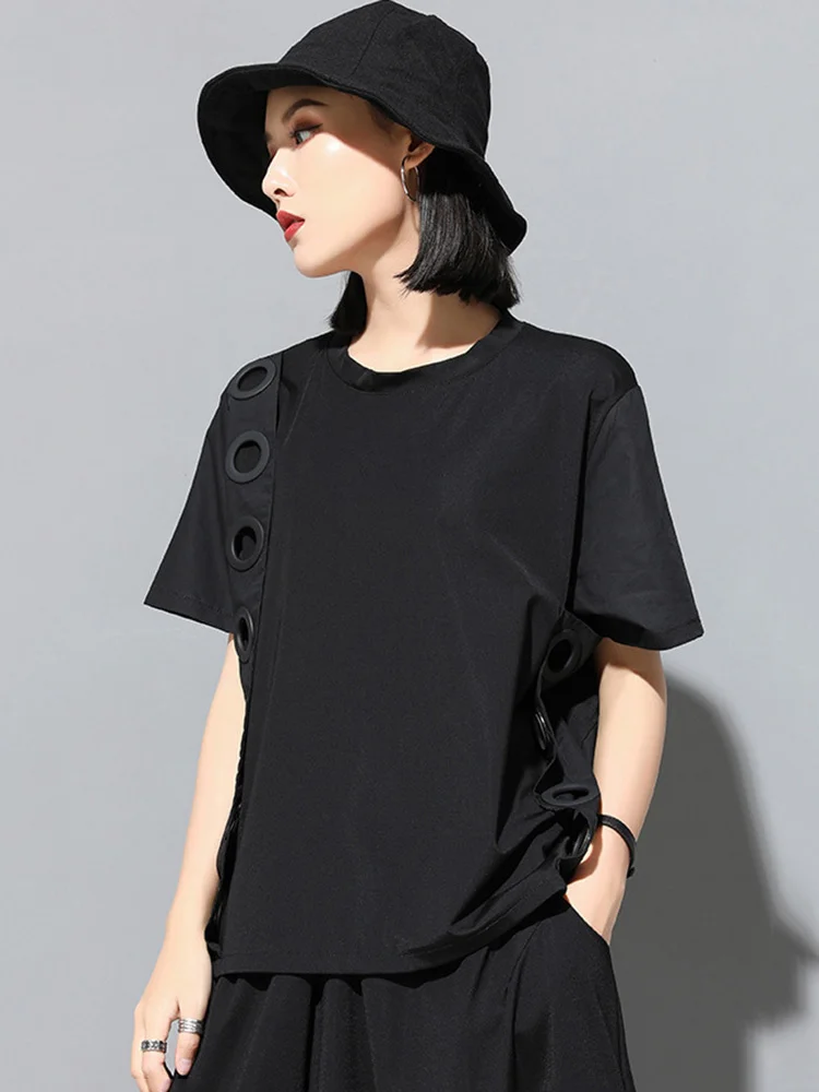 Женская ажурная футболка с коротким рукавом черная Повседневная большого