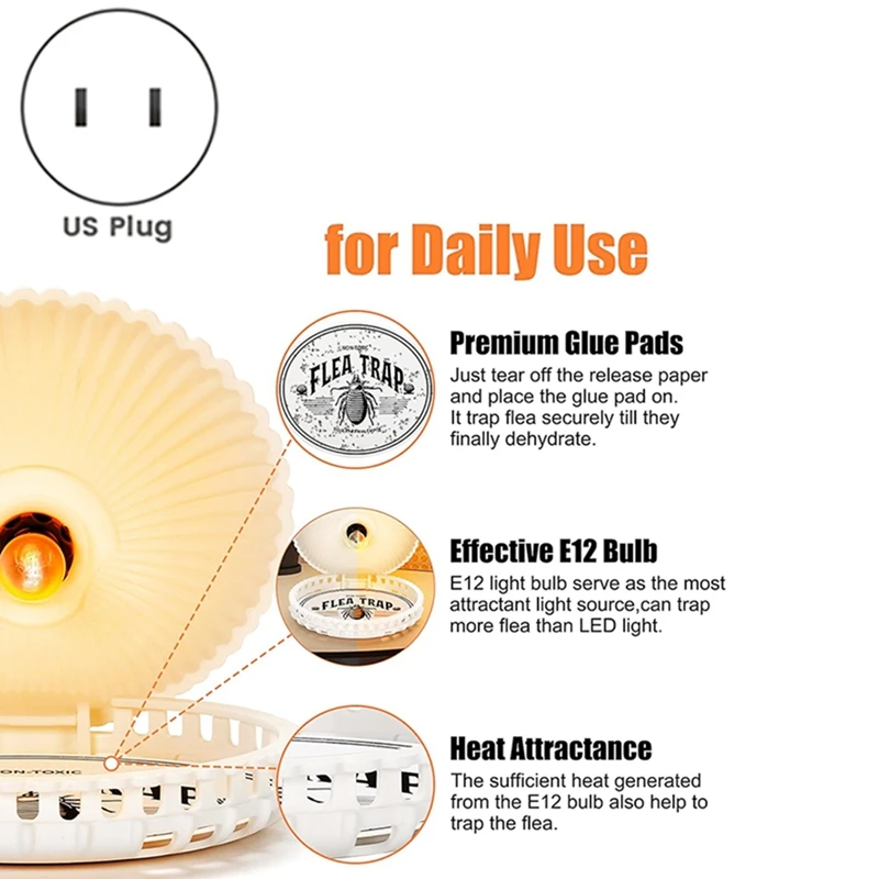 2PCS Sticky Flea Traps With 4 Discs&amp4 Bulbs Shell Shape Electric Light Killer Bed Bug Trap US Plug