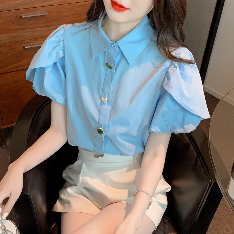

Women Blouse Elegant Blue Puff Sleeve Shirt 2022 New Design Turn Down Collar Colored Buttons Tops Female poleras mujer