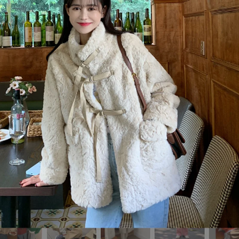 2022 Ladies Fashion Casual Warm Thick Jacket Mid-length Faux Lamb Fur Jacket Loose Winter Bandage Ladies Furry Faux Fur Jacket