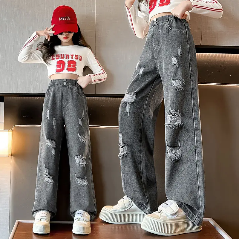 

2023 New Teenage Jeans For Girl Solid Color Kids Girl Jeans Spring Autumn Jeans Kids Casual Style Girls Clothes 6 8 10 12 14Year