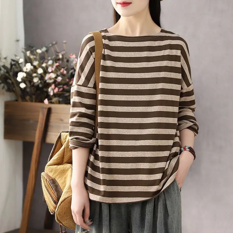 

Художественная хлопковая футболка в стиле ретро с круглым вырезом, женский полосатый Топ с длинным рукавом, свободные топы для женщин, одеж...