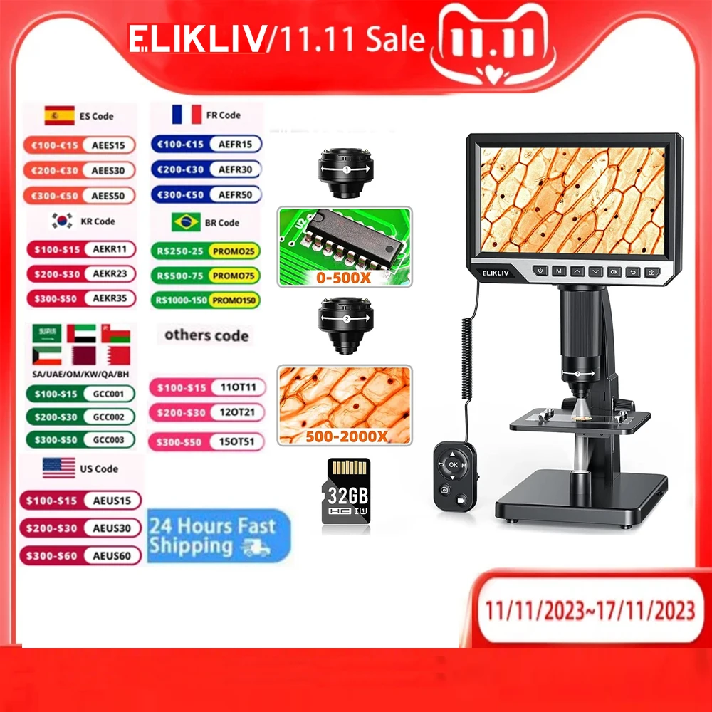 

Elikliv EDM11S 2000X Biological Digital Microscope 7'' IPS Display 12MP Resolution with Remote Control Windows Mac OS Compatible