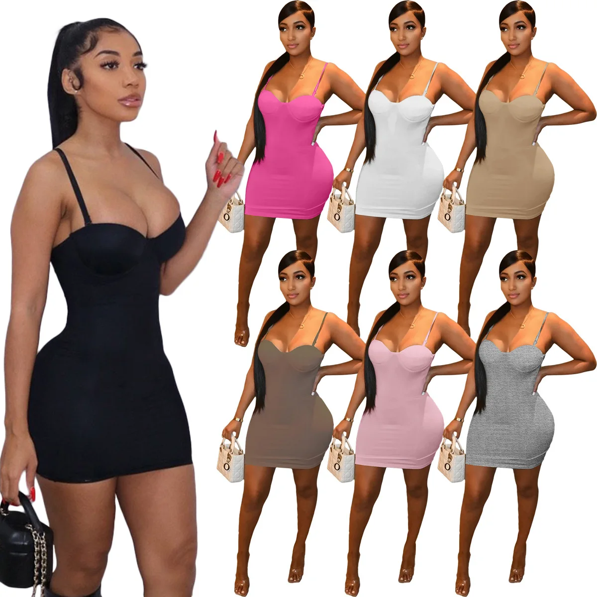 

Summer Solid Mini White Dress For Women 2022 Backless Sleeveless Cami Pink Bodycon Dresses Party Sexy Black Dress Female