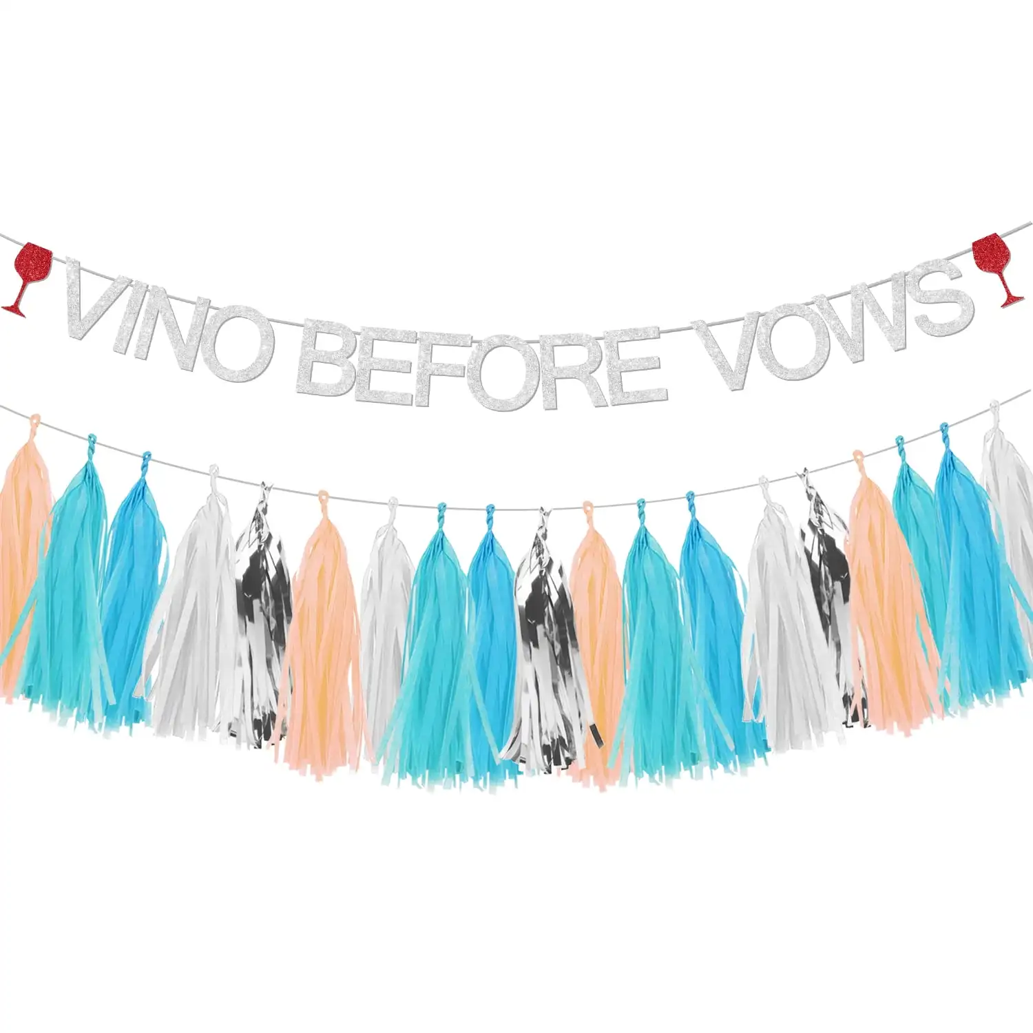 

Vino Before Vows Bachelorette Party Decorations Silvery Letter Banner and Paper Tassel Garland for Hen Party Bridal Shower Decor