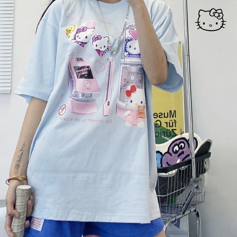 

Kawaii Sanrio Hello Kitty T-shirt Girl Student Summer Cartoon Printing Loose Casual Fashion Versatile Cotton Short Sleeve