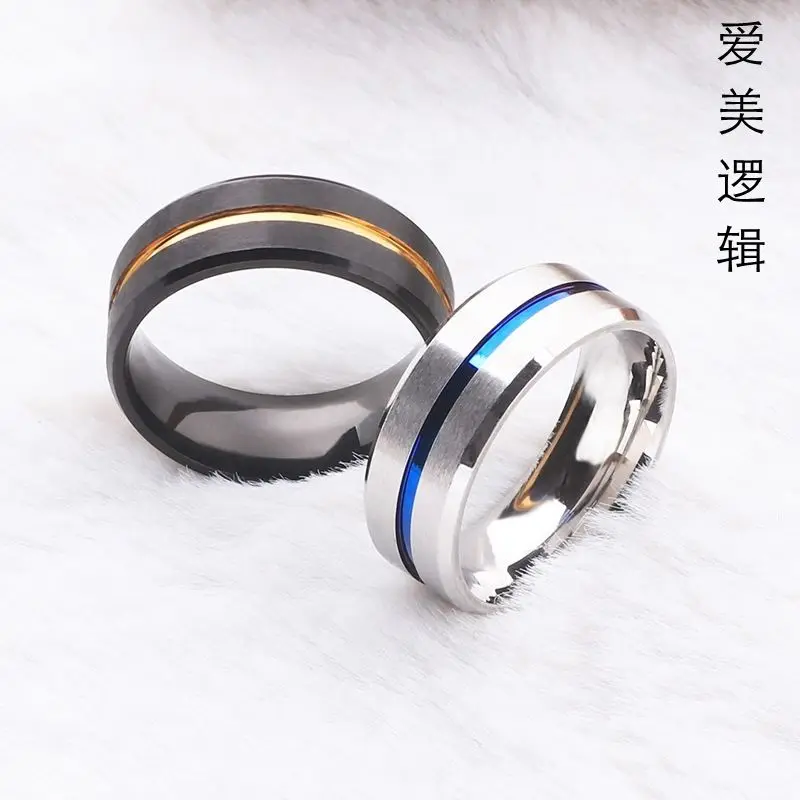 

Disney Fashion simple titanium steel ring men's and women's 8mm beveled brushed matte gold blue two-color groove
