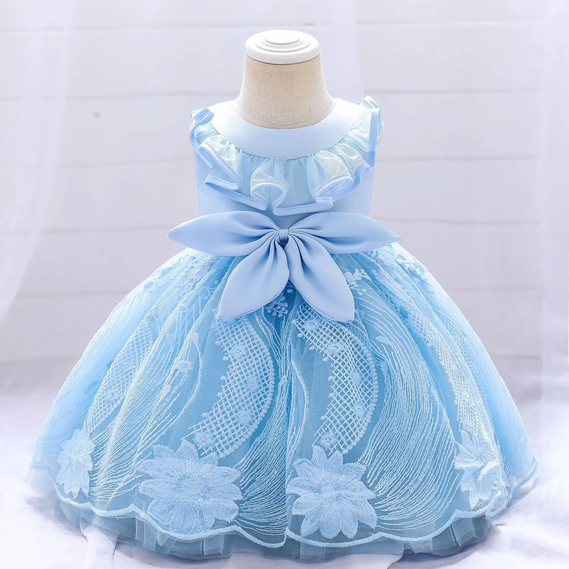 

Summer Little Girls Flower Girl Dresses for Weddings Blue Lace Toddler Birthday Dress Baby Floral Tulle Dress 6M-5Years