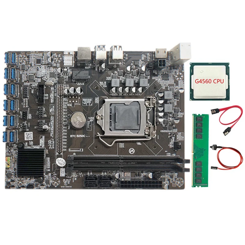 

B250C Mining Motherboard With G4560 CPU+2XDDR4 4G 2666Mhz RAM+SATA Cable+Switch Cable 12XPCIE To USB3.0 Card Slot Board