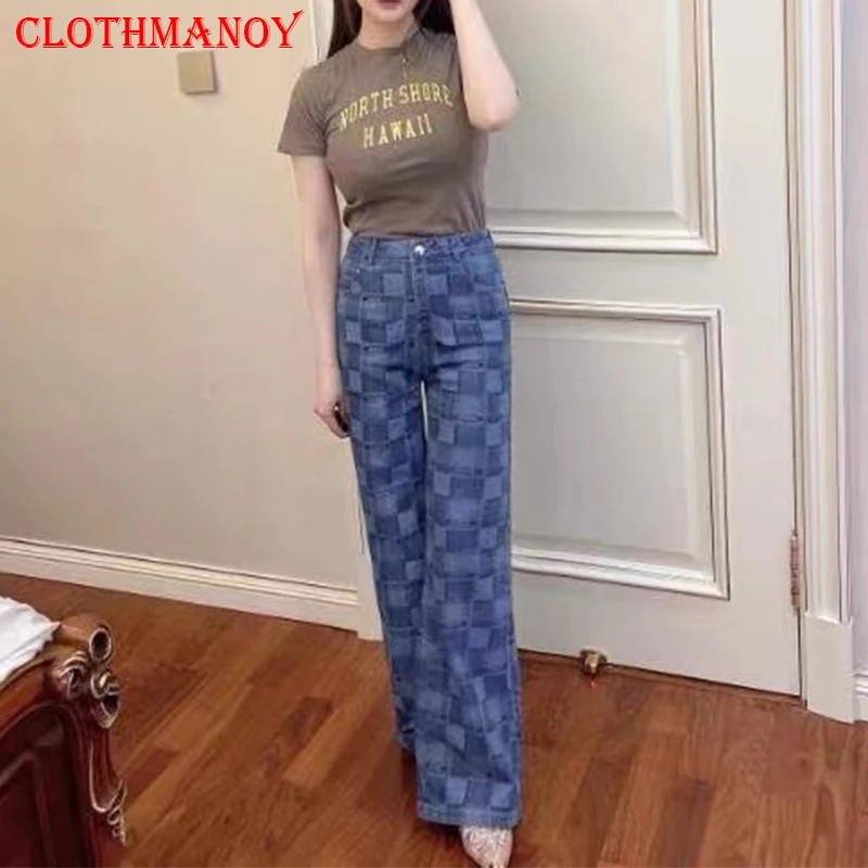 

Women Plaid Jeans Straight Leg High Waisted Wide Leg Mom Baggy Jeans Women's Jeans 2022 Trend Denim Trousers Y2k