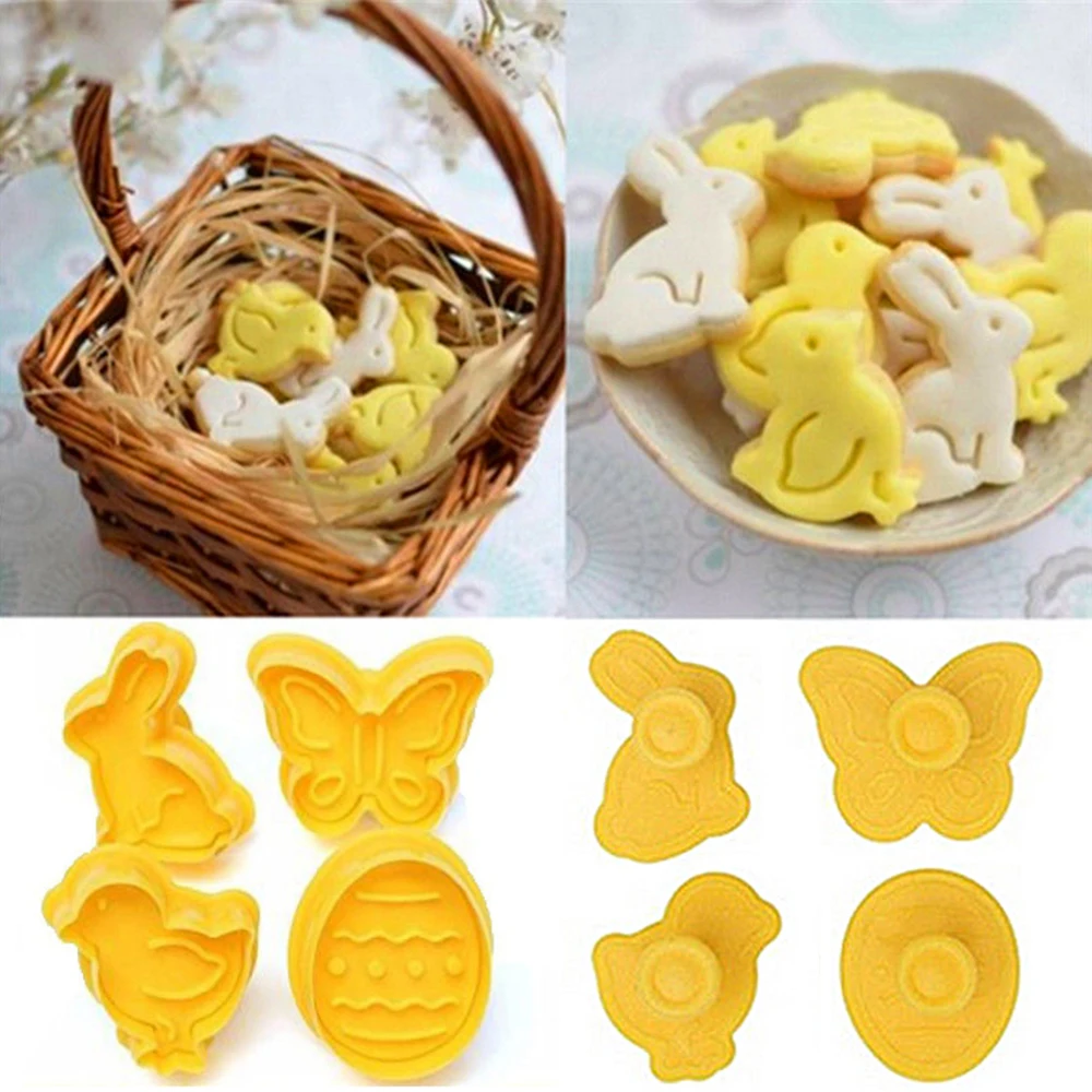 

4Pcs/Set Easter Biscuit Cookie Cutter Egg Rabbit Chick Butterfly Plastic Plunger Fondant Pastry Set Mold Decor Baking Tools