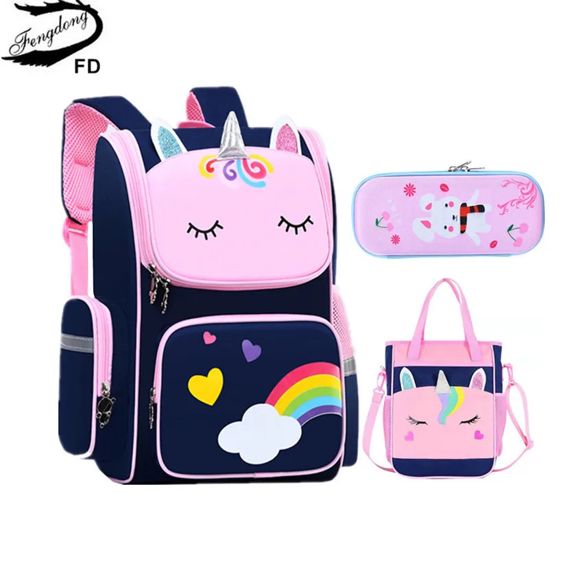 Fengdong cute 3D cartoon school backpack set elementary school bags for girls rainbow love heart children pen pencil handbag set