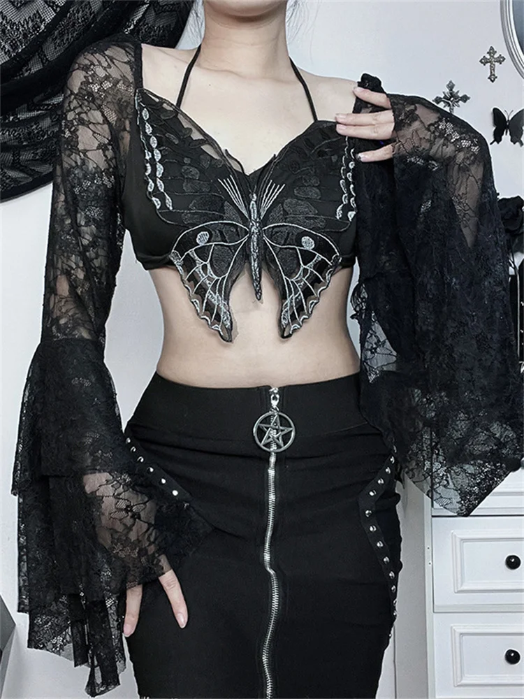 

2023 New Retro Black Lace T-shirt Gothic Elegant Aesthetic Women See Through Sexy Slim Fit Dark Butterfly Flare Sleeve Short Top