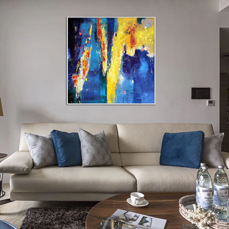 

Большая Современная живопись Абстрактное Искусство Ручная работа Большая Картина на холсте синяя Желтая стена искусство на холсте Картина...