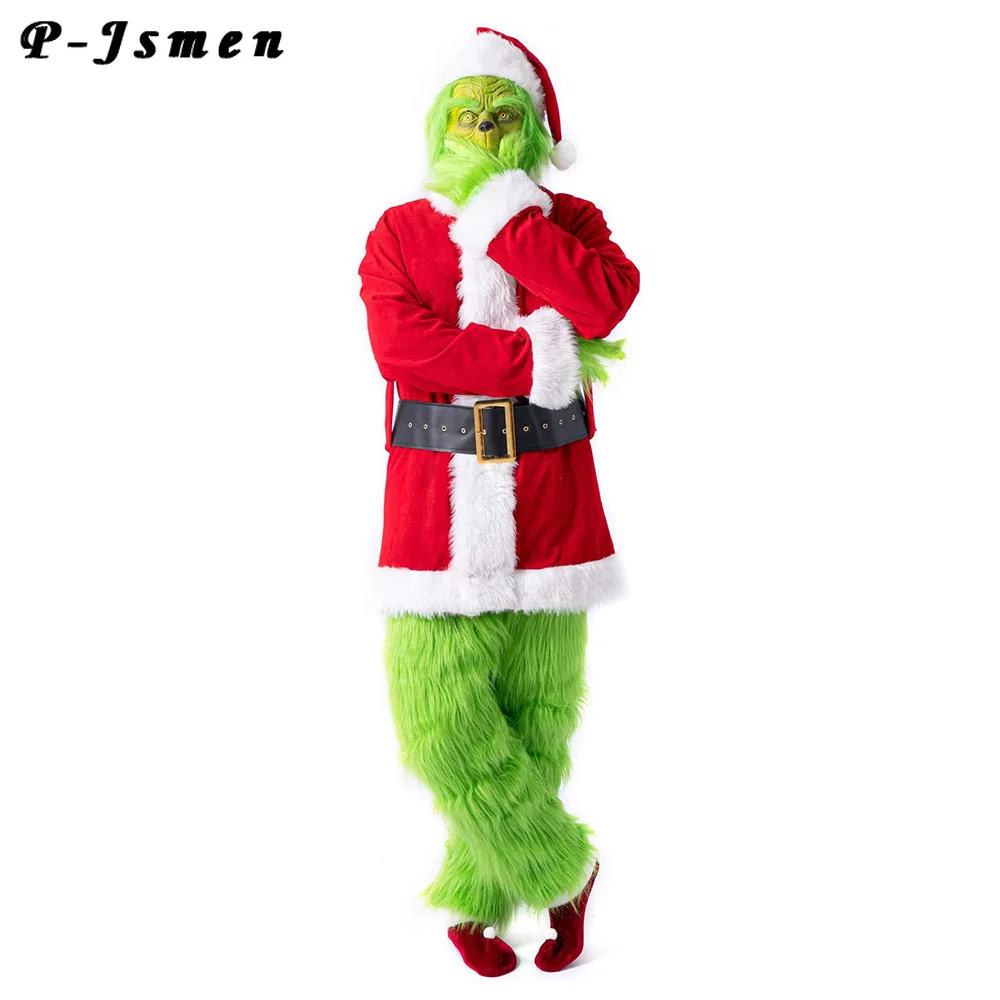 P-Jsmen Green Monster Costume for Adult 7pcs Christmas Santa Costumes With Mask Furry Santa Suit Halloween Party Outfit