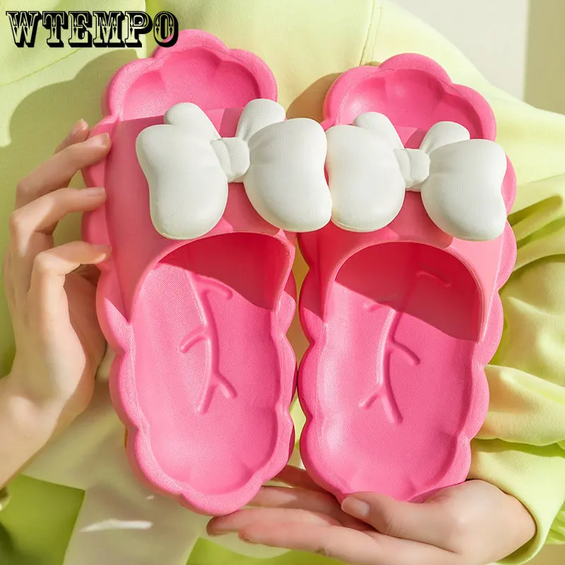 WTEMPO Cute Bow Slippers Female Summer Korean Style Indoor Home Bathroom Shoes Lightweight Anti-slip Sandals Dropshipping