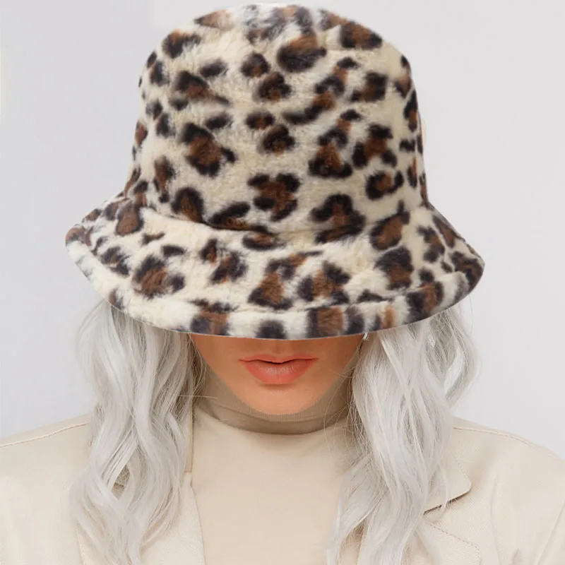

Women faux fur plush Print Bucket Hats Autumn Winter Thicken Warm Fisherman Cap Female Outdoor Sports Casual Visor Hats Panama