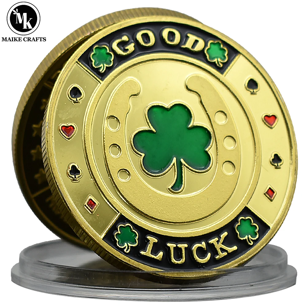 

Casino Poker Clover Challenge Coin Gold Plated Card Presser Metal Lucky Coin Collection Gift
